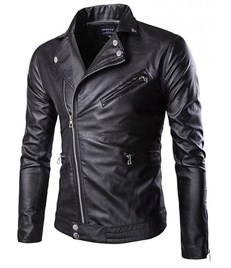 Men's Long Sleeve Casual / Formal / Plus Size Jacket,Special Leather Types Solid Black / Blue