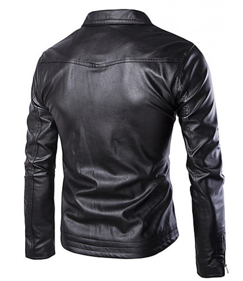 Men's Long Sleeve Casual / Formal / Plus Size Jacket,Special Leather Types Solid Black / Blue